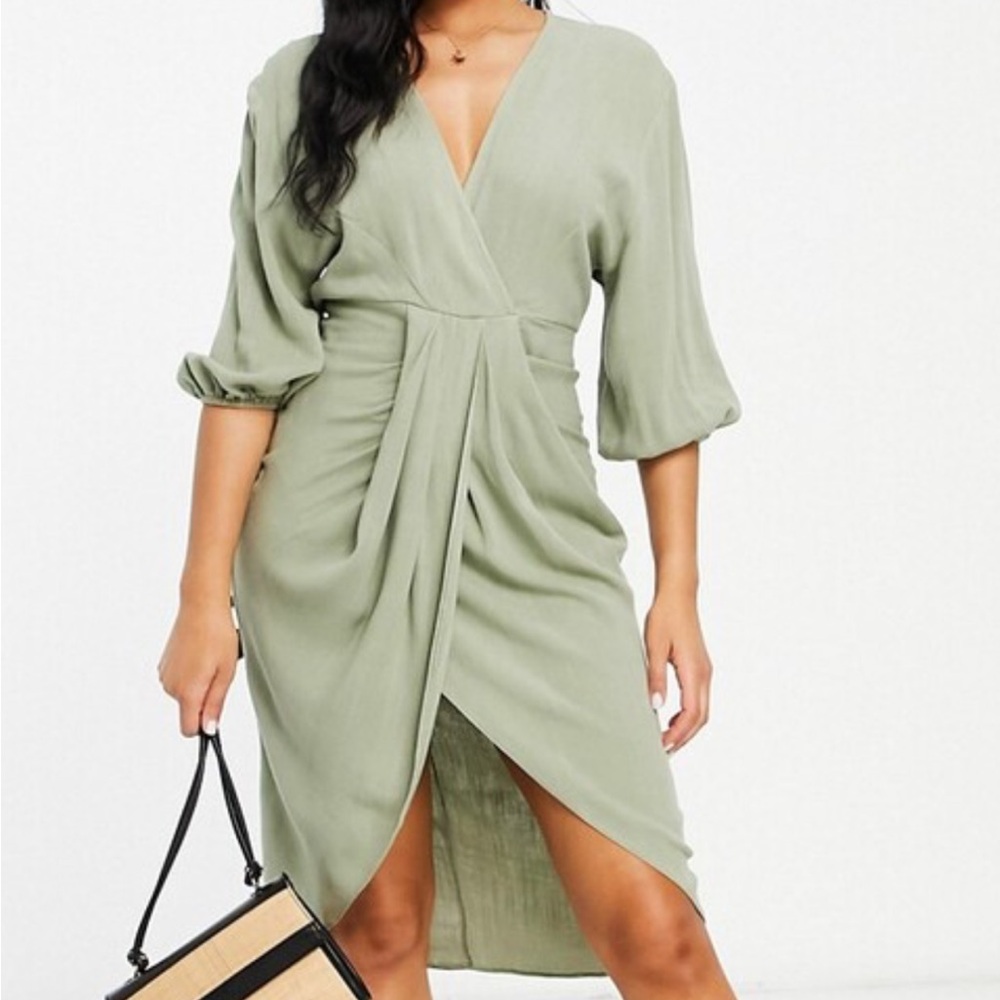 ASOS design drape detail midi dress with gauge waist and cuffs in khaki green.
